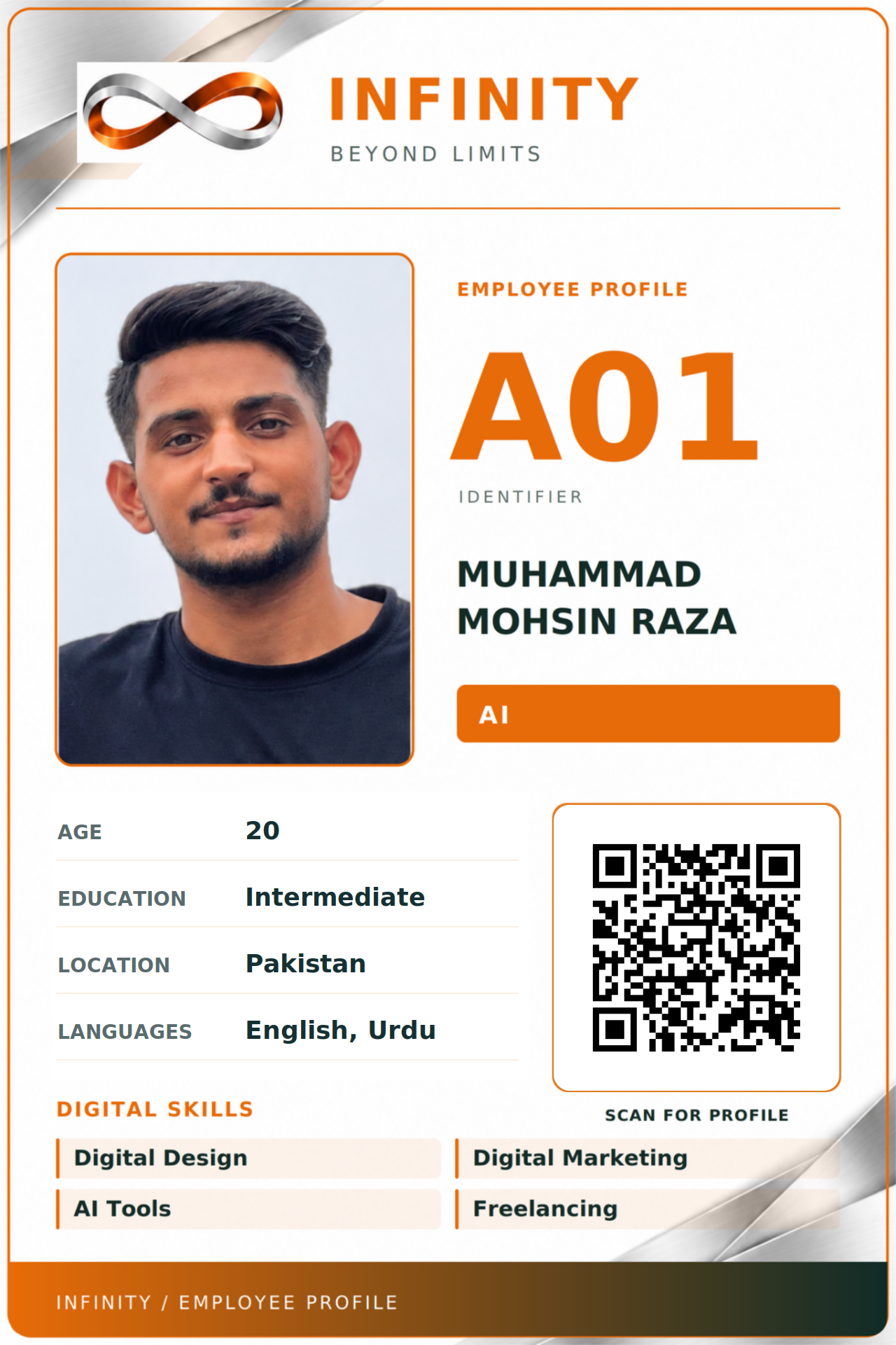 Front of INFINITY A01 employee card for Muhammad Mohsin Raza